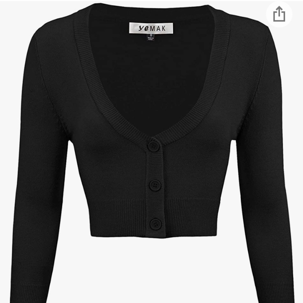 Black Cropped Cardigan— 3/4th Sleeve V-Neck, Size Small